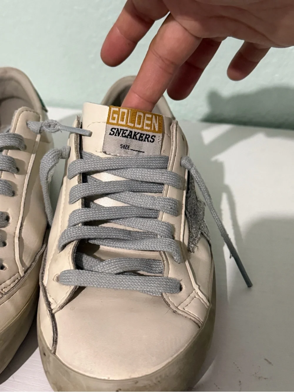 Golden Goose White Leather Sneakers with Green Heel and Gray Star - Picture 6 of 13